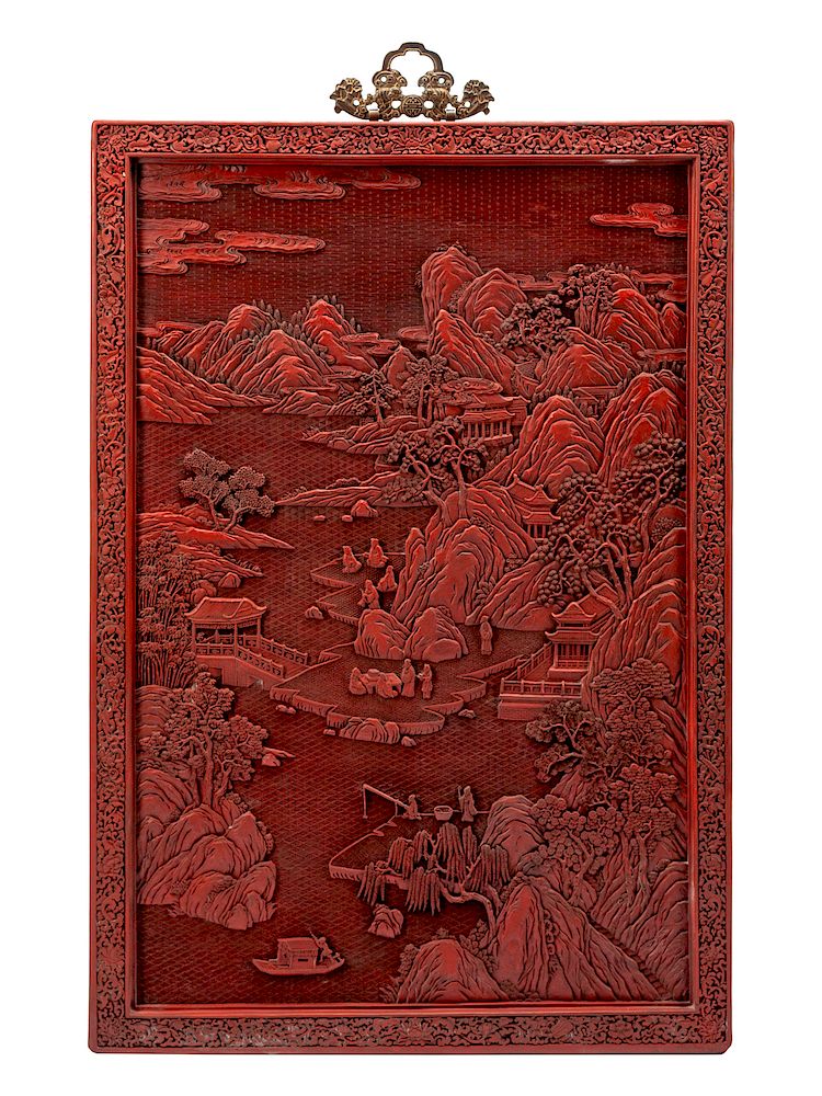 Appraisal: A Chinese Carved Red Lacquer Wall Screen A Chinese Carved