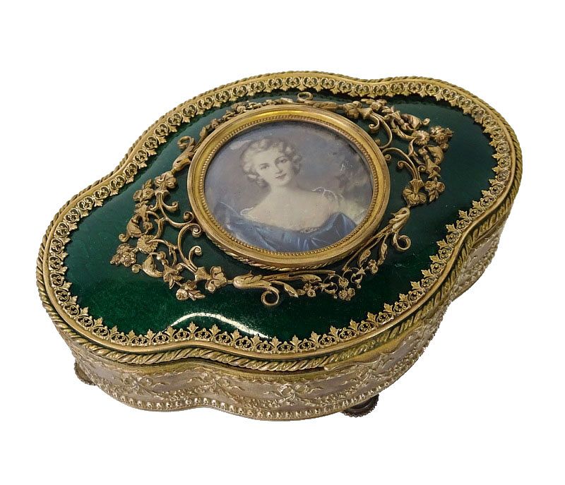 Appraisal: French Gilt Bronze Enamel Portrait Vanity Box French Gilt Bronze