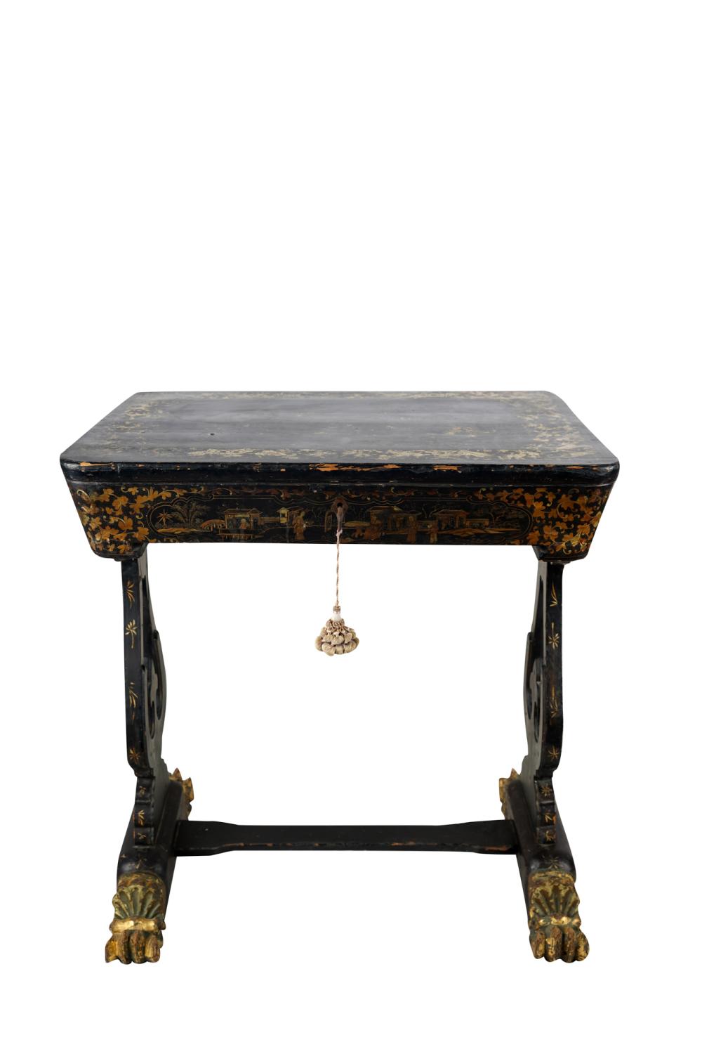 Appraisal: REGENCY CHINOISERIE PARCEL GILT SEWING TABLE th century the hinged