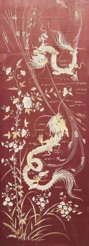 Appraisal: Framed Chinese silk embroidery two dragons against a dark red