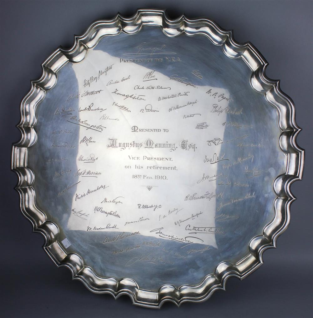 Appraisal: LARGE EDWARD VII SILVER CIRCULAR PRESENTATION TRAY London Goldsmiths Silversmiths