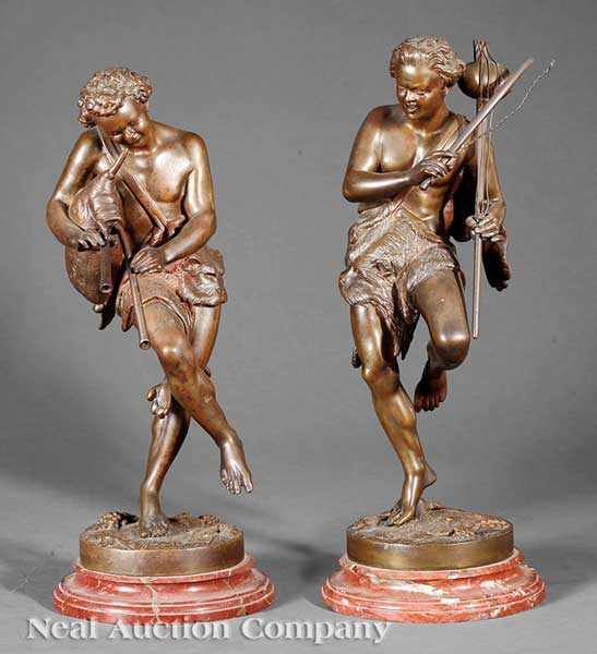 Appraisal: A Pair of Classically-Inspired Antique Bronzes Musician and Bagpiper after