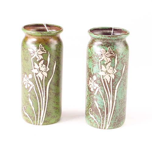 Appraisal: HEINTZ Sterling-on-Bronze two cylindrical vases overlaid with daffodils on verdigris