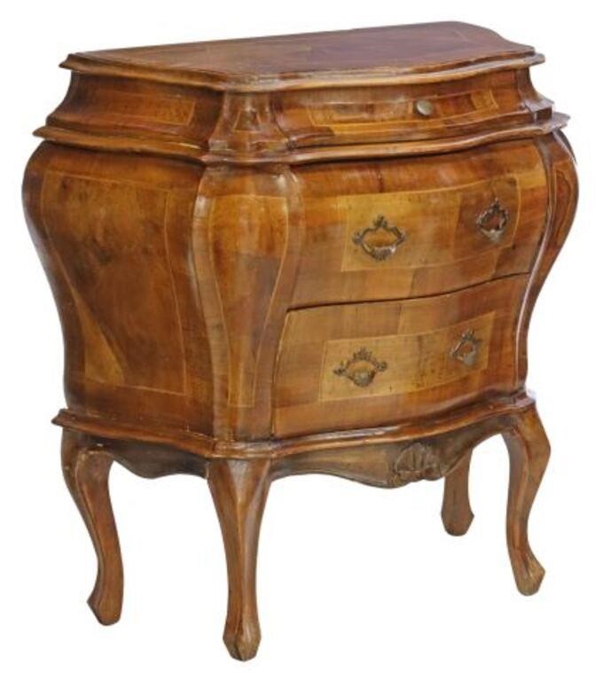 Appraisal: Italian Venetian patchwork bombe nightstand th c having shaped top