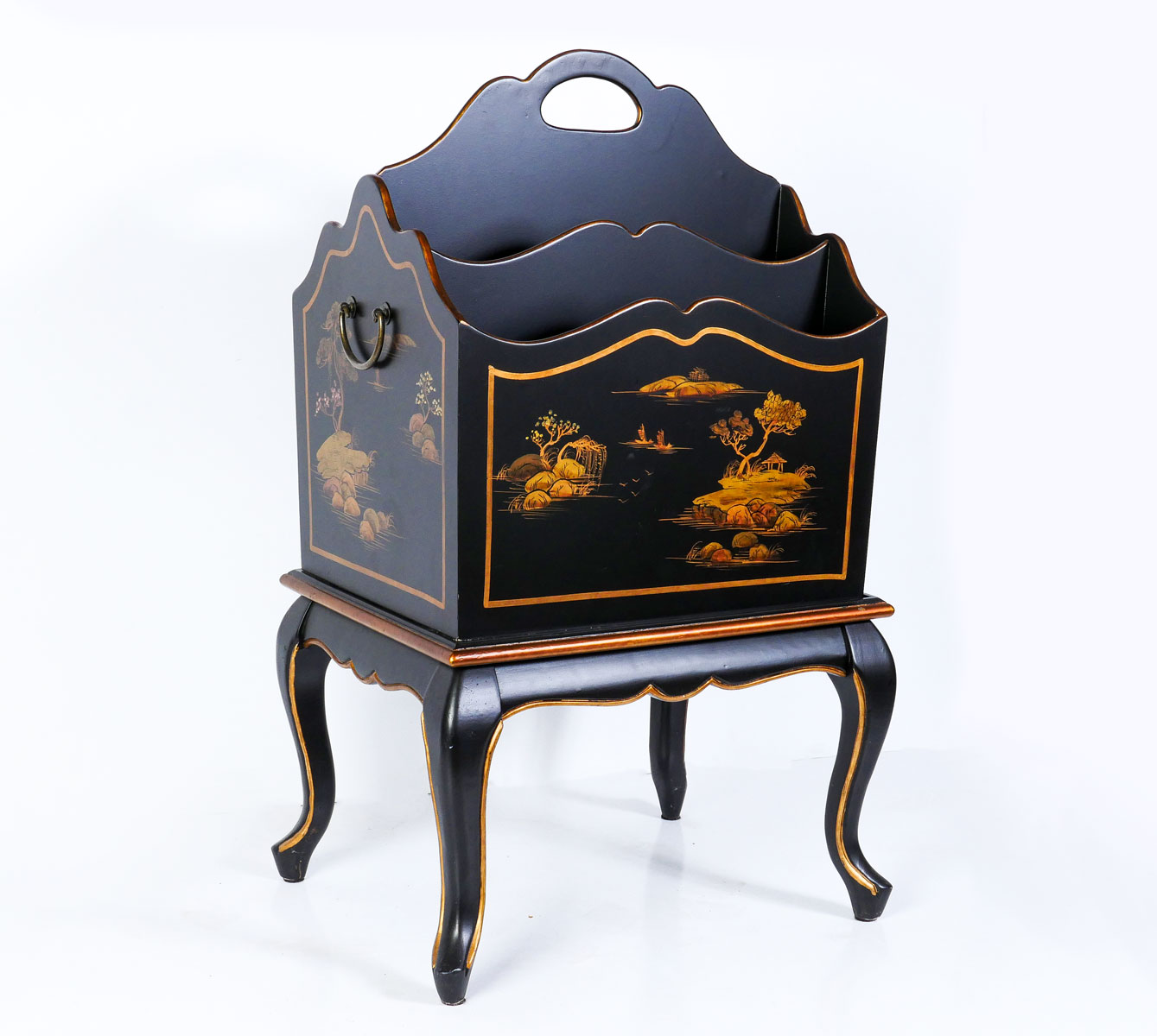 Appraisal: CONTEMPORARY LACQUERED CANTEBURY Handled compartment lacquered cantebury having a chinoiserie