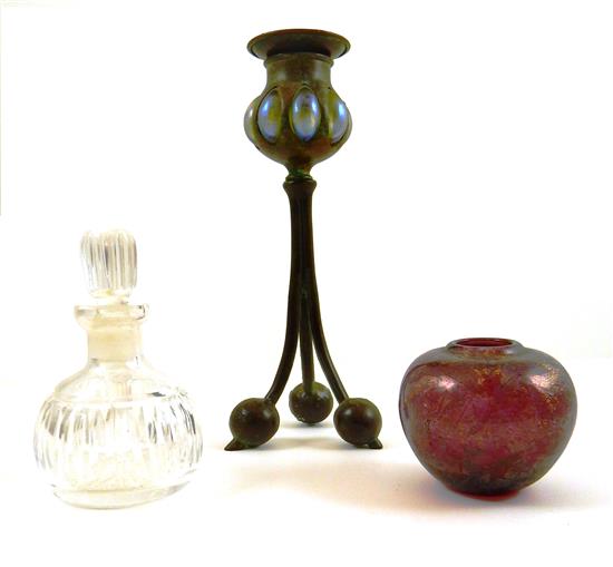 Appraisal: Three pieces bronze candlestick and two pieces of glass early