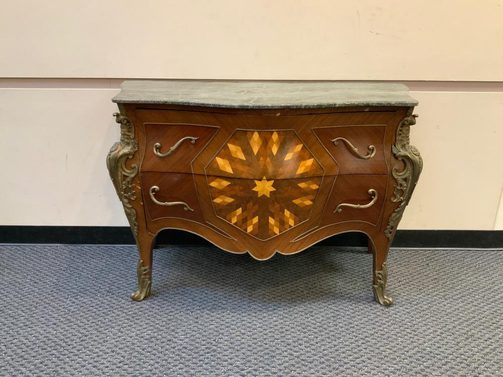 Appraisal: Louis XV Style Parquetry Inlaid Mahogany Brass Mounted and Marble