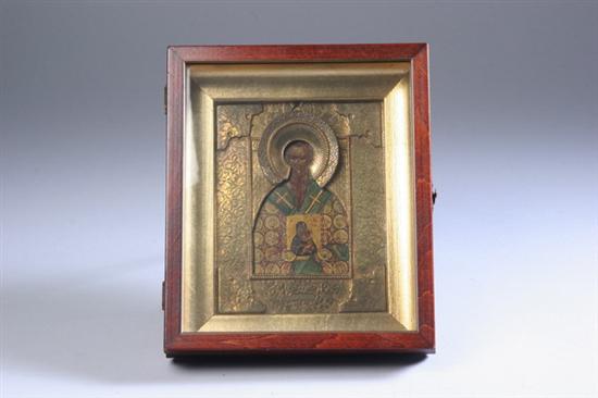 Appraisal: RUSSIAN BRASS AND CASED ICON OF SAINT NICHOLAS early th