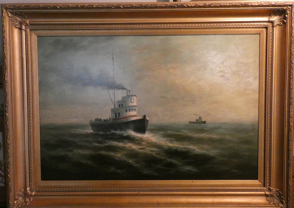 Appraisal: TOWNSEND PAINTING OF TUGBOATS Large vintage oil on canvas of