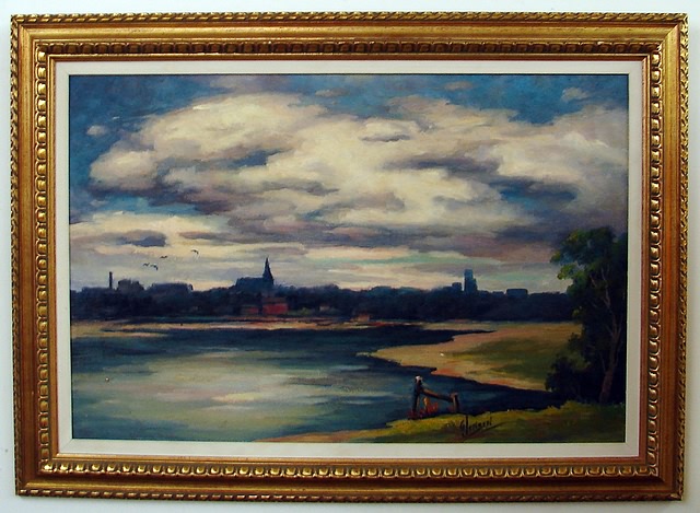 Appraisal: Cove scene with city skyline oil on masonite x SLR