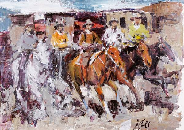 Appraisal: James Colt American - James Colt Five Riders signed 'J