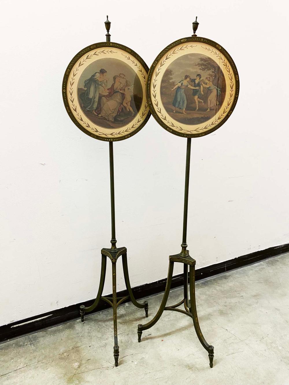 Appraisal: PAIR OF REGENCY PAINTED TRIPOD POLE SCREENSCirca The three curved