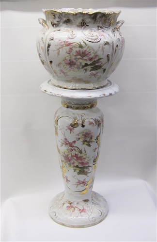 Appraisal: PORCELAIN JARDINIERE MATCHING PEDESTAL STAND with floral and gold decoration