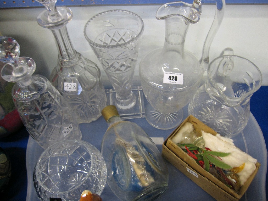 Appraisal: Tray lot comprising assorted glassware etched glass claret jug decanters