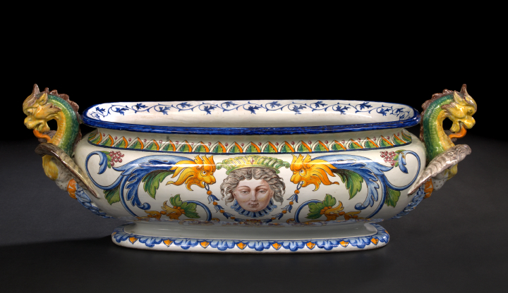 Appraisal: Large Italian Winged Dragon-Handled Majolica Jardiniere fourth quarter th century