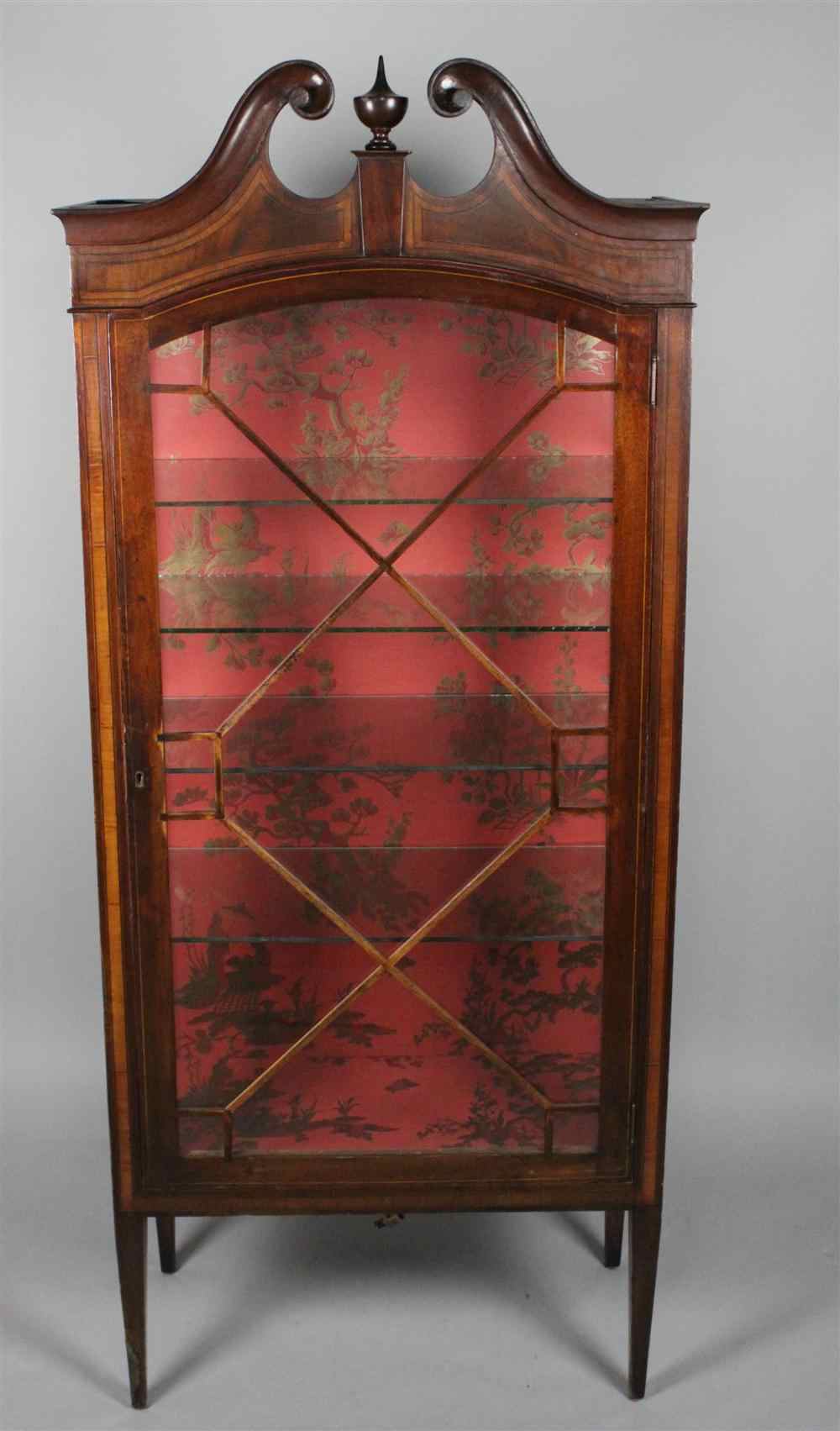 Appraisal: EDWARDIAN MAHOGANY DISPLAY CABINET having a molded swan neck pediment