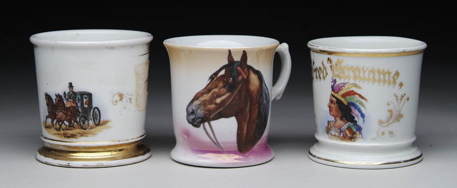 Appraisal: THREE DECORATED SHAVING MUGS - with Indian maiden having feathered