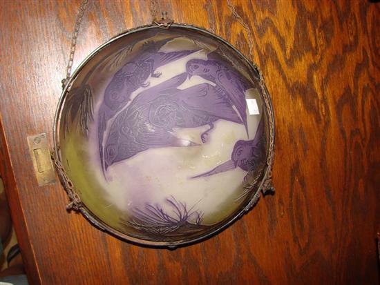 Appraisal: CAMEO GLASS HANGING SHADE Signed Michel-Malherbe Nancy Purple birds and