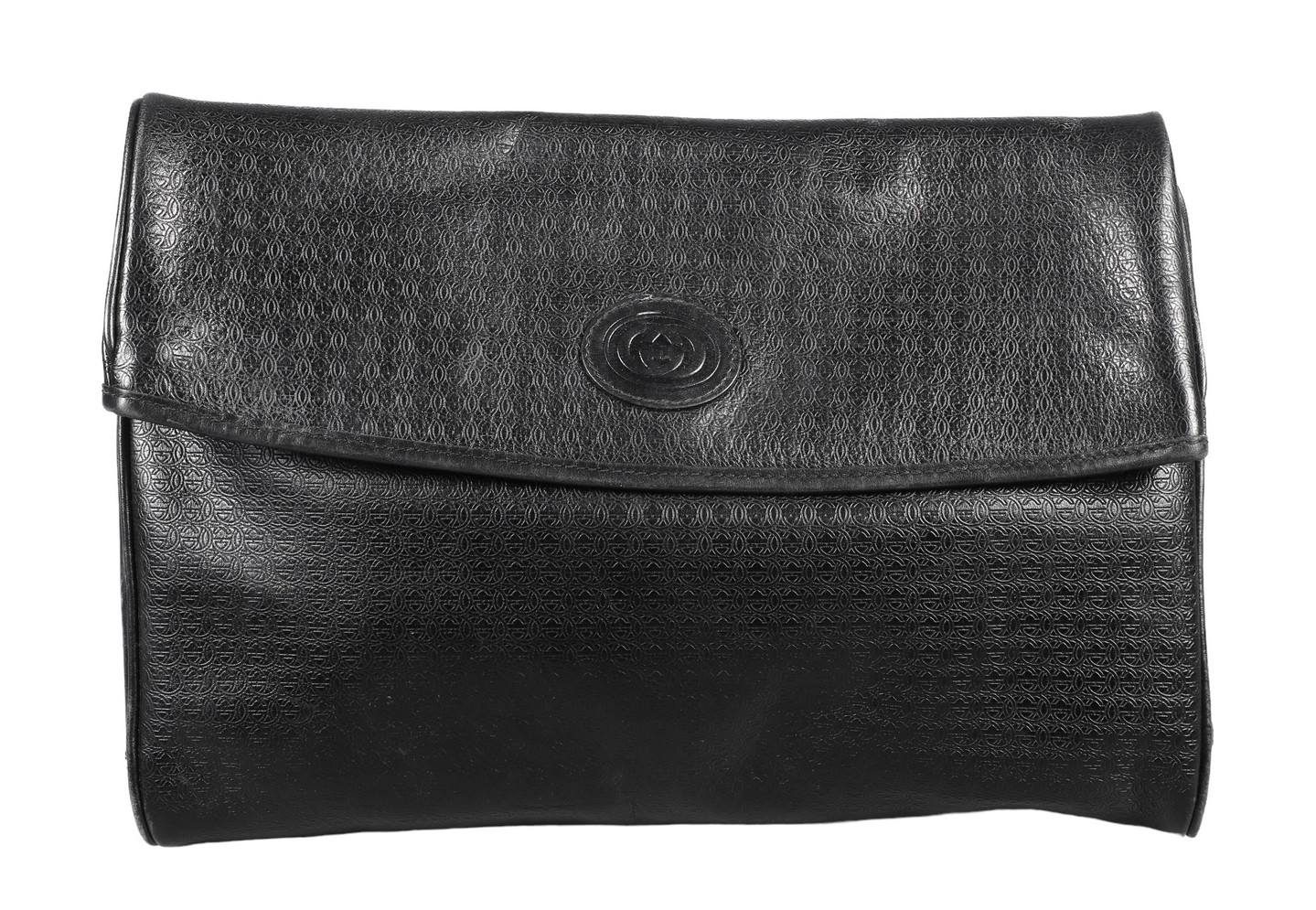 Appraisal: Vintage Gucci black leather foldover clutch in embossed interlocking G