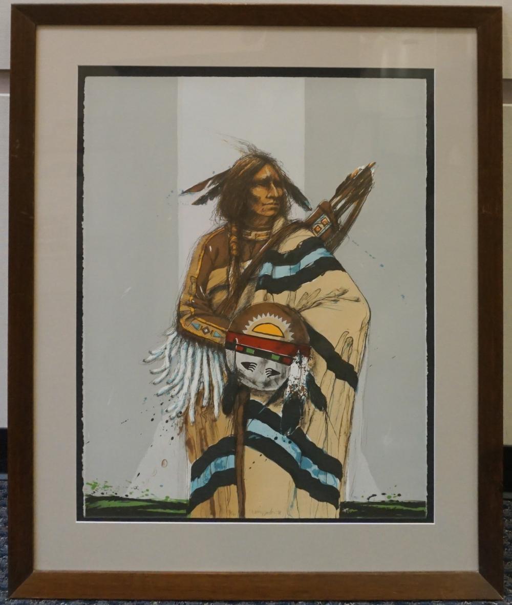 Appraisal: LARRY FODOR AMERICAN B NATIVE AMERICAN WARRIOR WITH SHIELD COLOR