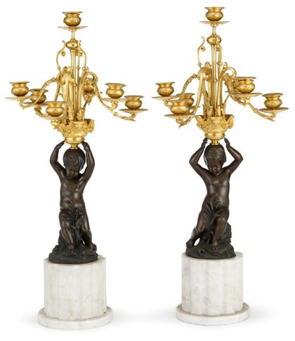 Appraisal: Fine pair of French patinated and gilt bronze candelabra late