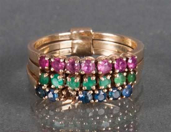 Appraisal: K yellow gold ruby sapphire and emerald ring size Estimate