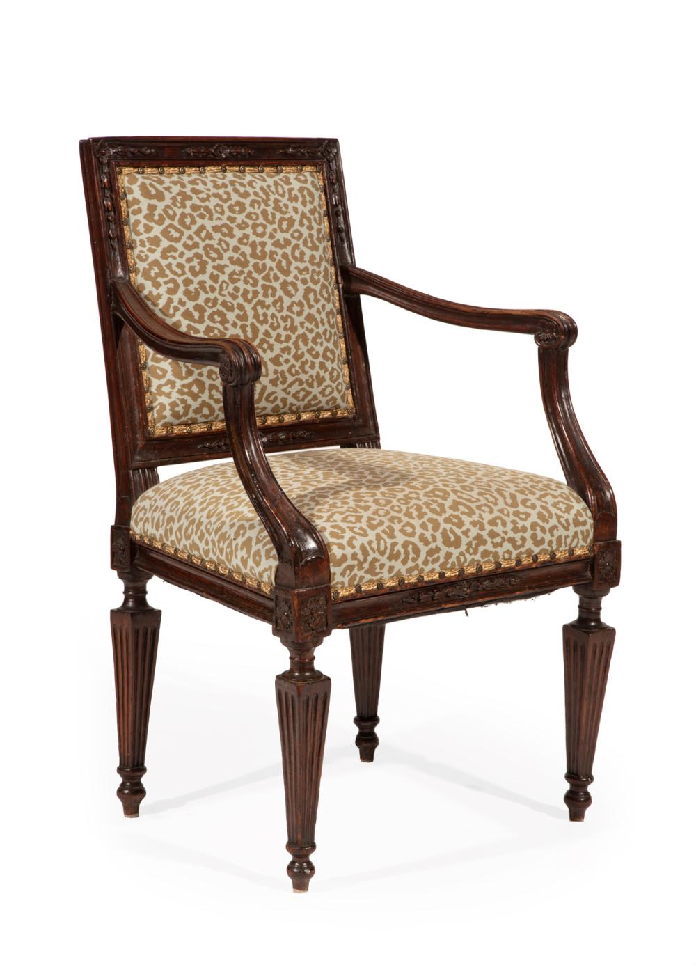 Appraisal: Italian Neoclassical Carved Walnut Armchair th square back with floral