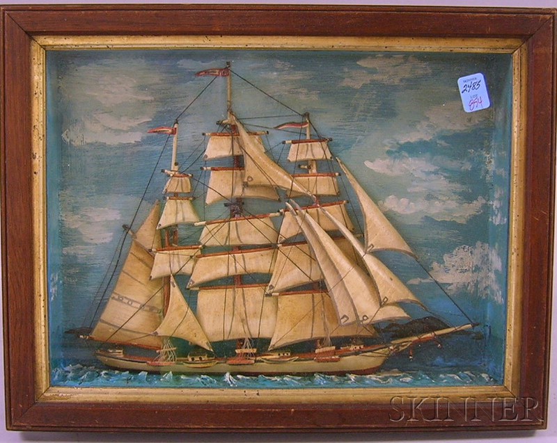 Appraisal: Framed Clipper Ship Diorama with carved wooden segments painted putty