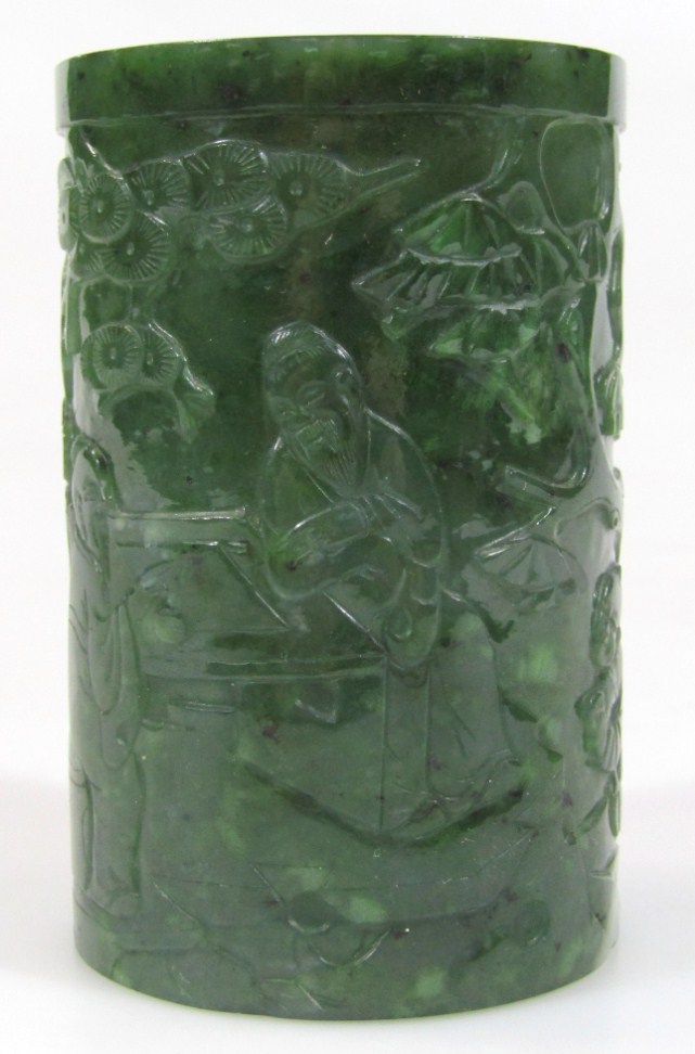 Appraisal: A thC Chinese spinach jade brush pot of cylindrical outline