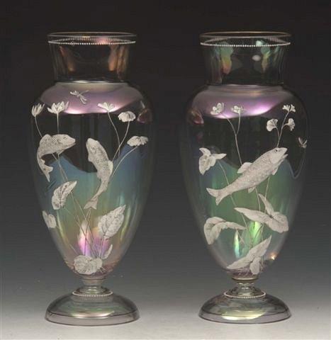 Appraisal: A PAIR OF ORIENTAL CLEAR GLASS VASES with enamelled fish