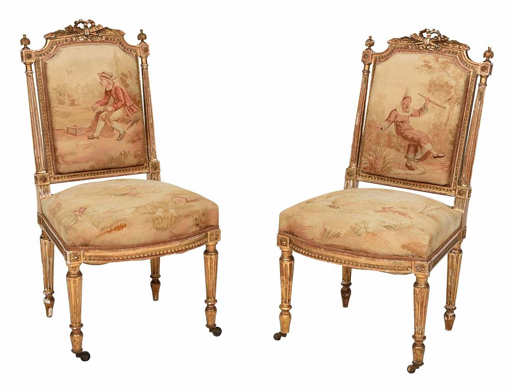 Appraisal: Pair Louis XVI Style Tapestry Upholstered Chairs French late th