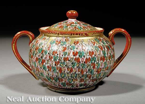 Appraisal: A Japanese Porcelain Hundred Rakan Lidded Sugar Bowl probably Taisho