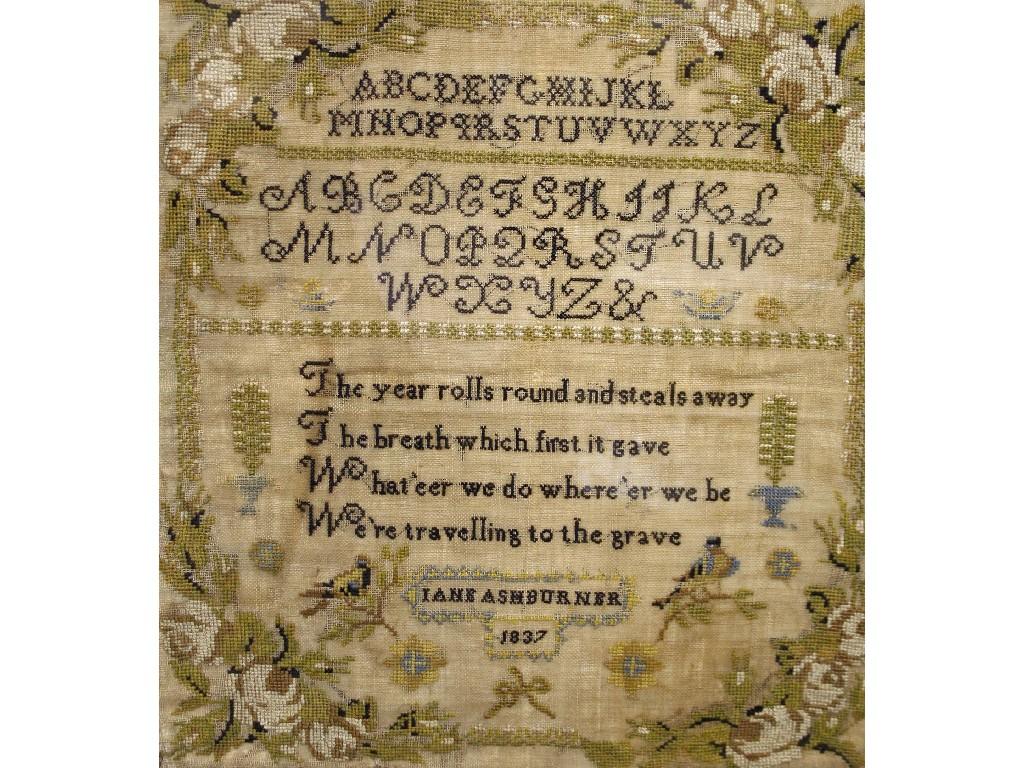 Appraisal: th century sampler by Jane Ashburner dated worked with two