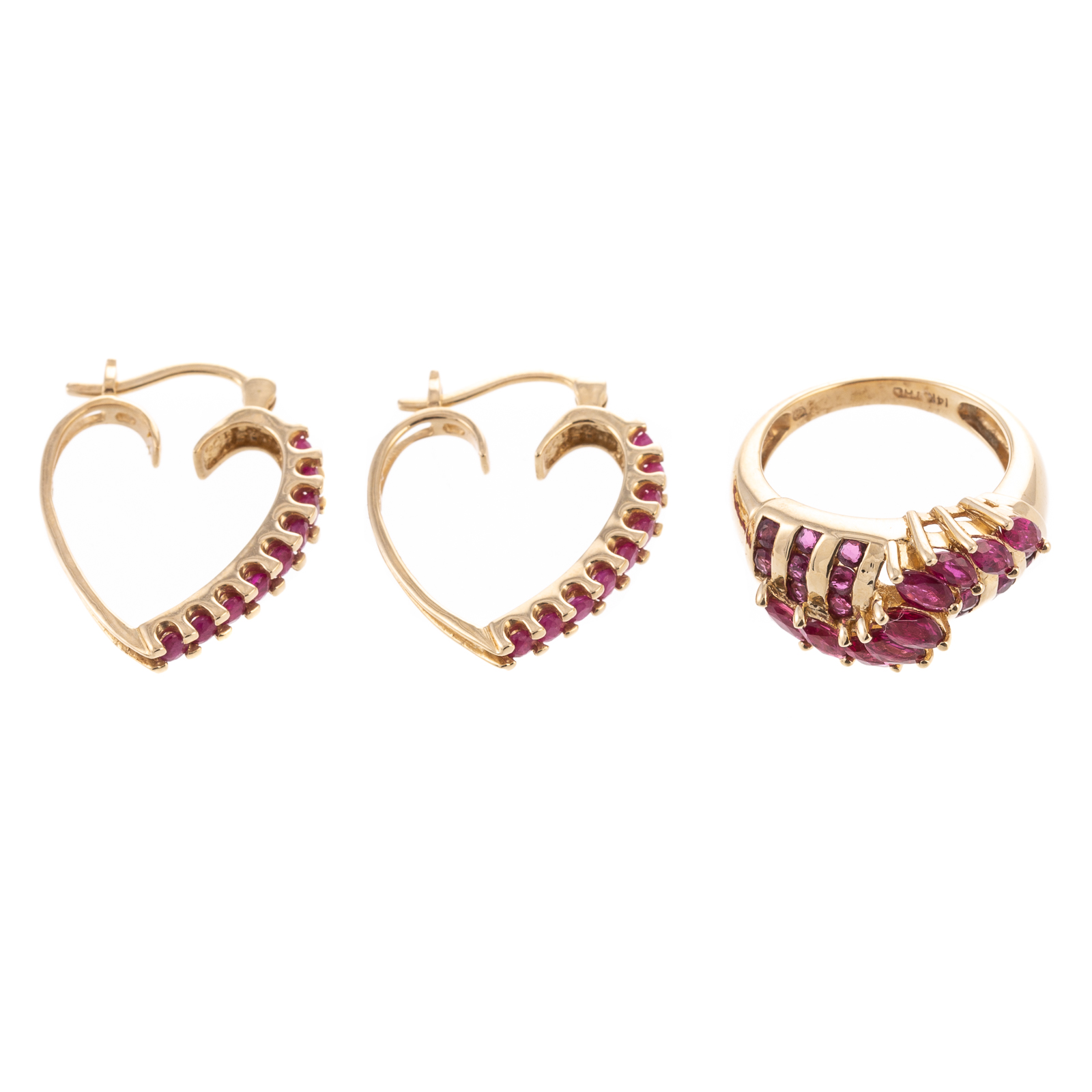 Appraisal: A RUBY RING HEART HOOP EARRINGS IN K K yellow