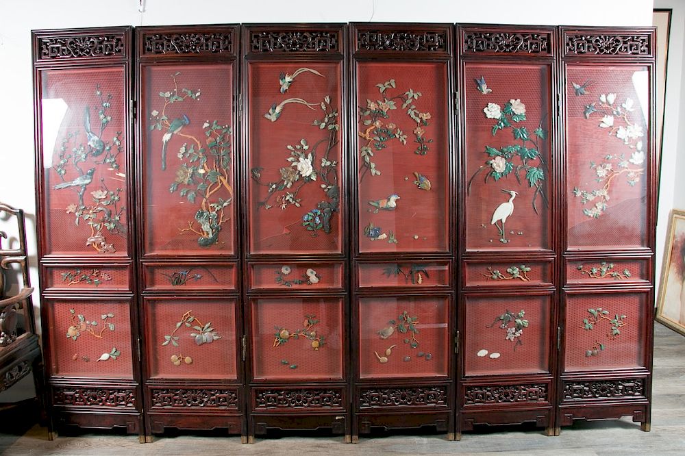 Appraisal: SIX-PANEL LACQUER SCREEN A magnificent inlaid cinnabar lacquer six-panel screen