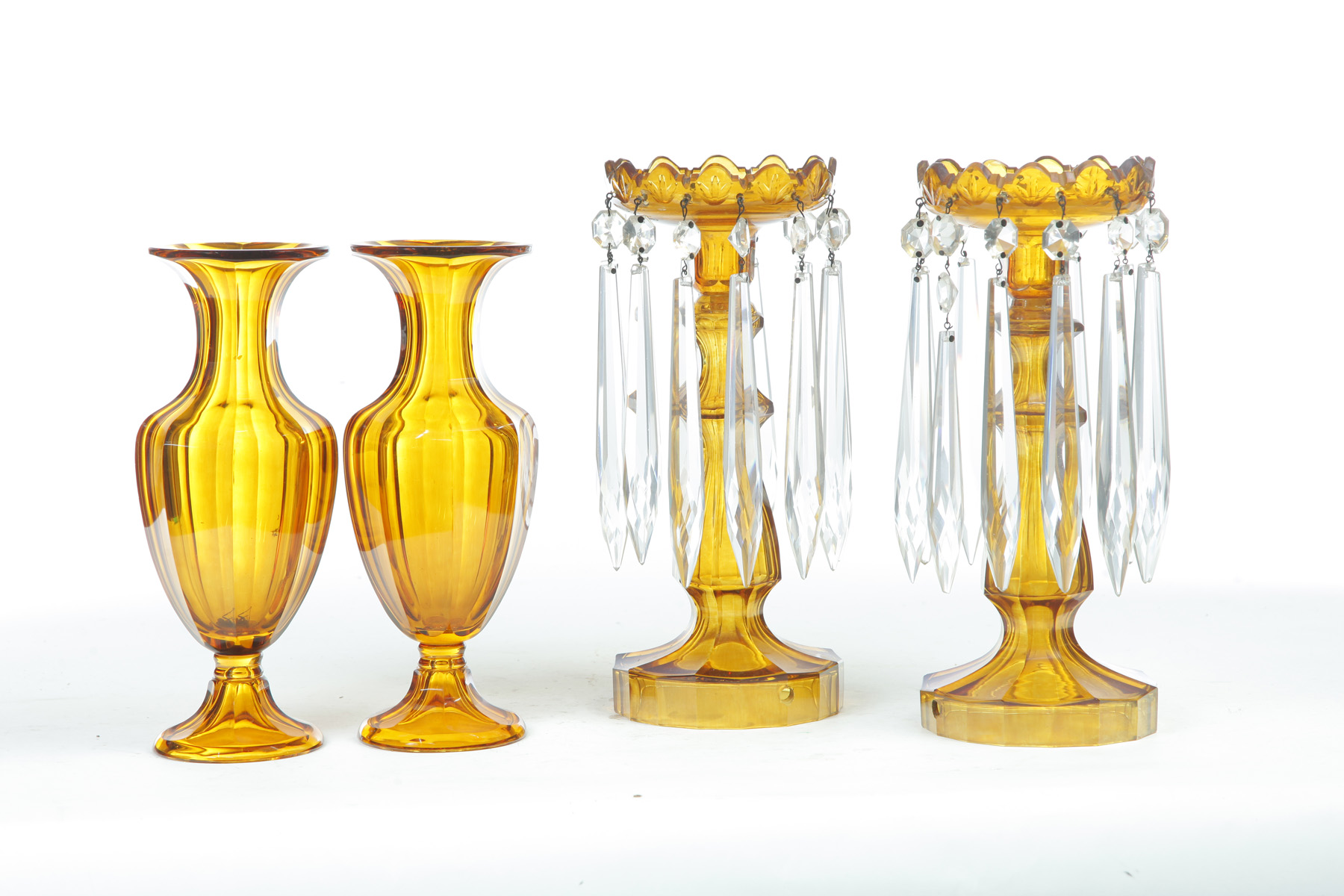 Appraisal: PAIR OF AMBER CUT GLASS LUSTERS AND A PAIR OF