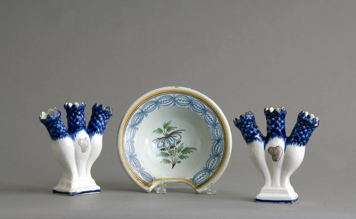 Appraisal: FAIENCE SHAVING BOWL AND A PAIR OF TULIP VASES