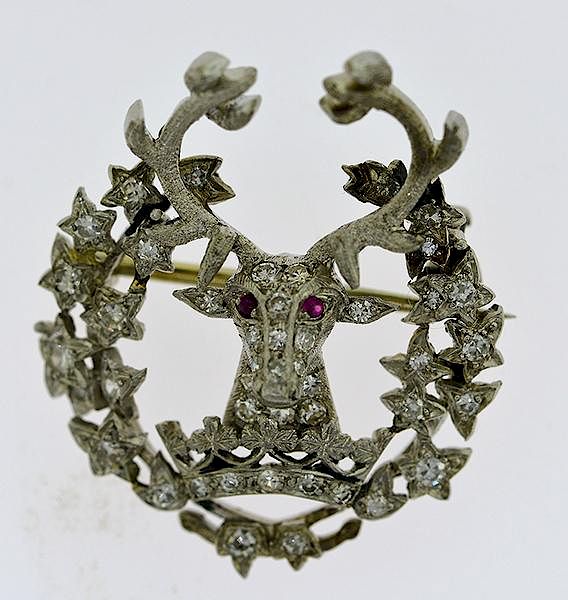 Appraisal: Edwardian platinum diamond and ruby reindeer pin Edwardian platinum diamond