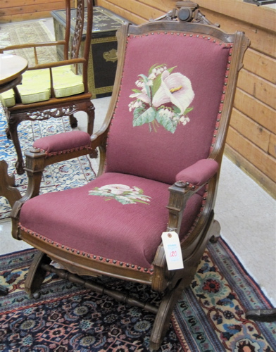 Appraisal: VICTORIAN NEEDLEPOINT PLATFORM ROCKER Eastlake influence American c the padded