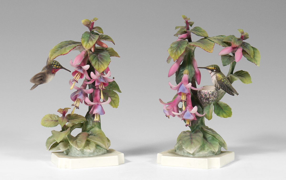 Appraisal: PAIR ROYAL WORCESTER DOROTHY DOUGHTY RUBY THROATED HUMMINGBIRDS With Archiluchus