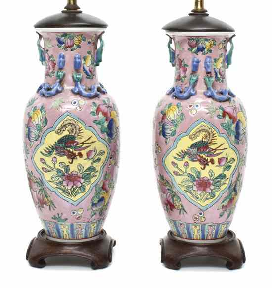 Appraisal: A Pair of Chinese Famille Rose Porcelain Lamps of baluster