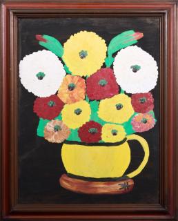 Appraisal: Clementine Hunter - Zinnias in a Yellow Pitcher c oil