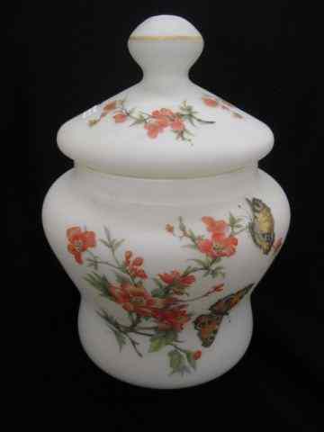 Appraisal: Satin Glass Covered Jar butterfly floral white cased '' excellent