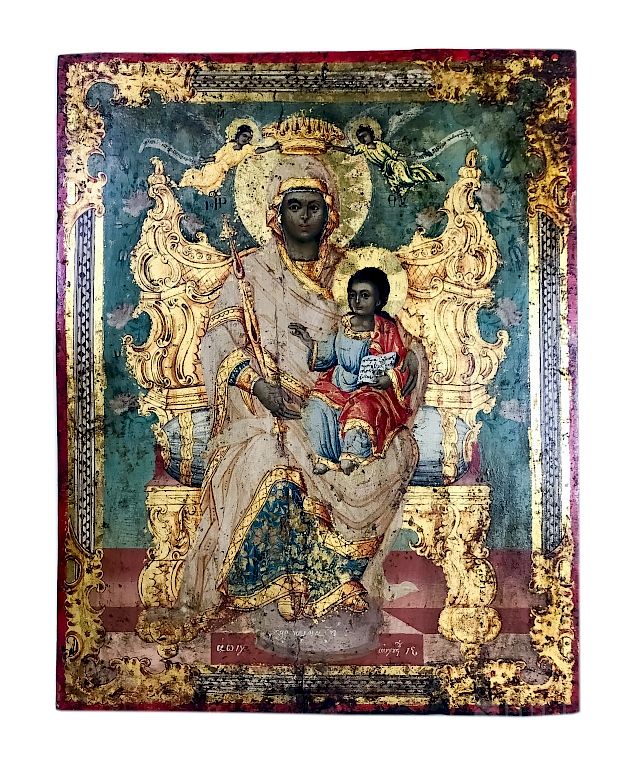 Appraisal: th C Greek School Madonna Child Enthroned Icon Religious Icon