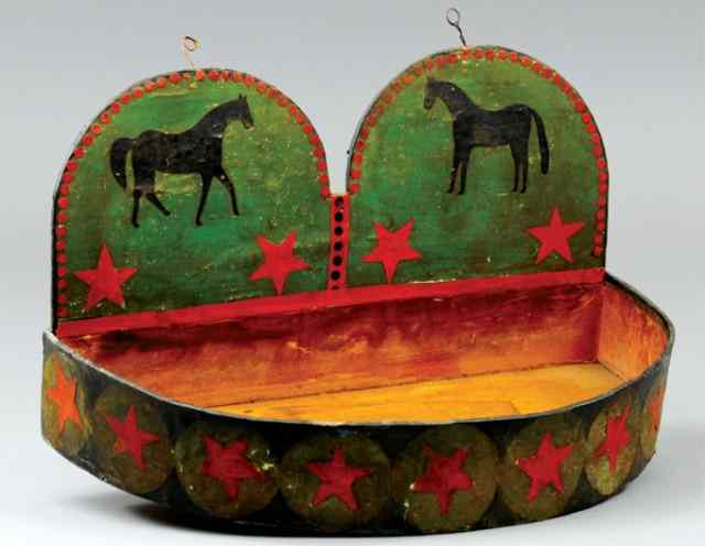 Appraisal: WOOD HANGING TRAY WITH HORSE THEME Exceptional 's wood wall