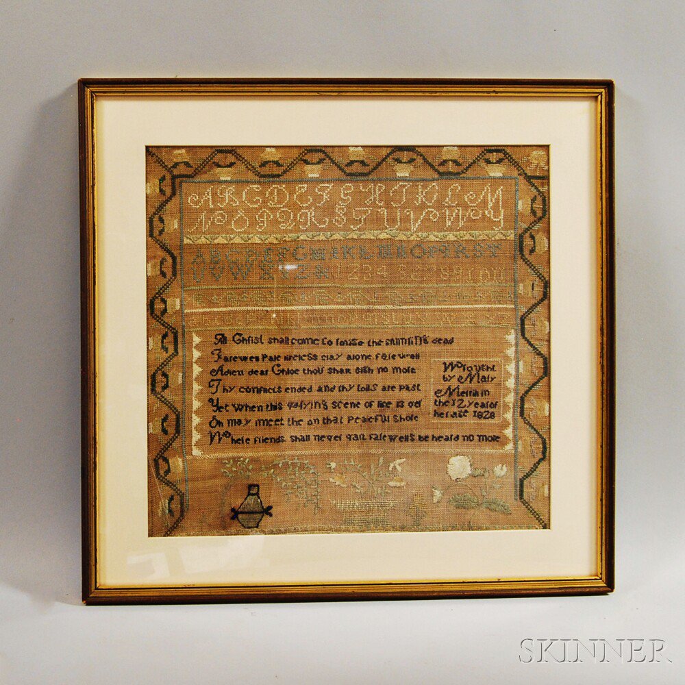 Appraisal: Framed Needlework Sampler Mary Metrihin worked in silk threads on