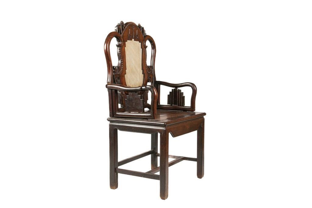 Appraisal: CHINESE CARVED HARDWOOD AND MARBLE ARMCHAIRChinese Qing dynasty Having arched