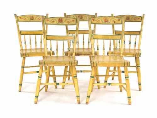 Appraisal: Set of five painted plank seat chairs th c with