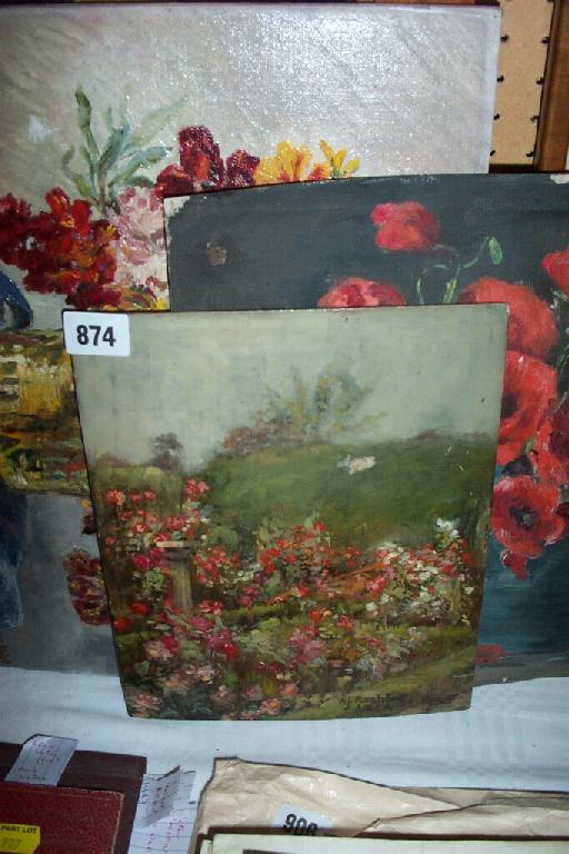 Appraisal: An oil painting on wooden panel showing a rose garden