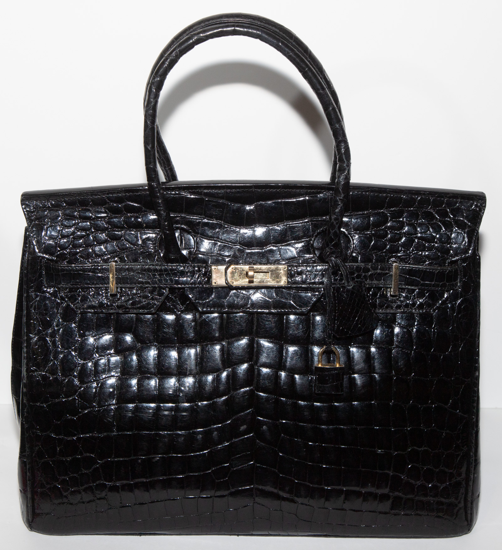 Appraisal: BIRKIN-STYLE BLACK CROCODILE HANDBAG in H in W in D